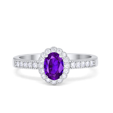 Floral Engagement Ring Oval Simulated Amethyst CZ 925 Sterling Silver